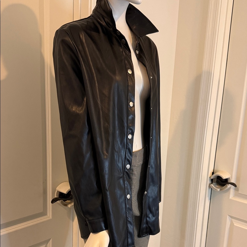 Prettylittlething Black Pleather Button-Down Shirt - image 2